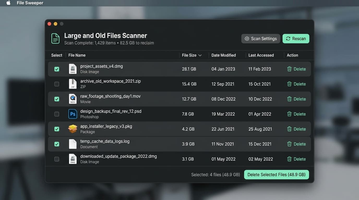 Large & Old Files: Surface hidden zip archives & installers