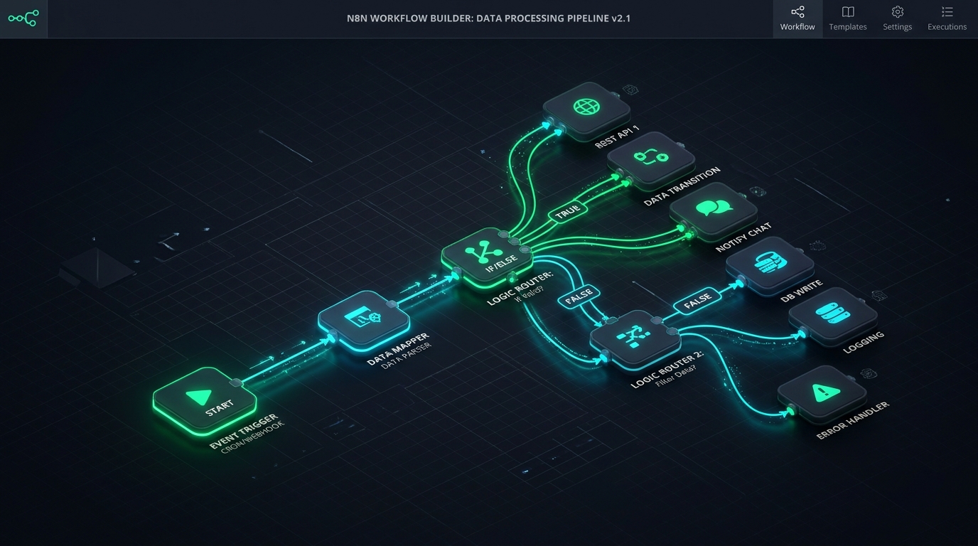What is n8n workflow canvas - Technical diagram showing triggers, conditional branching, and data mappers