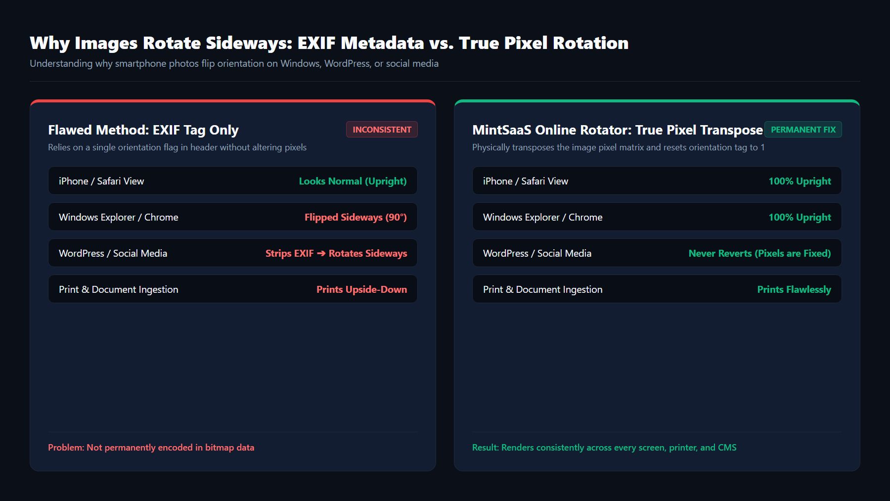 EXIF metadata flag mismatch vs true canvas pixel transpose comparison