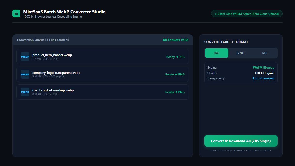 MintSaaS Batch WebP Converter Studio Interface